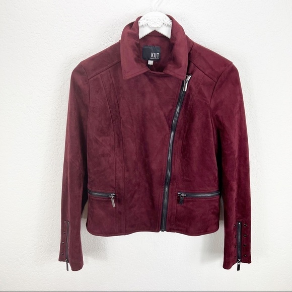 KUT Eveline Vegan Suede Moto Jacket Raisin Maroon Zip XS NWT - Picture 3 of 8